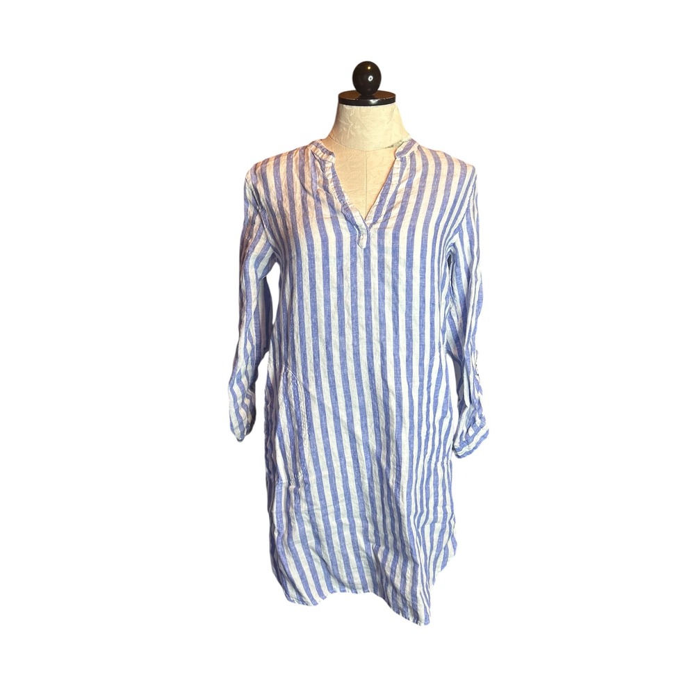 Tahari XS Blue‎ White Striped 100% LINEN Shirt Dress Roll Tab Sleeve Pockets